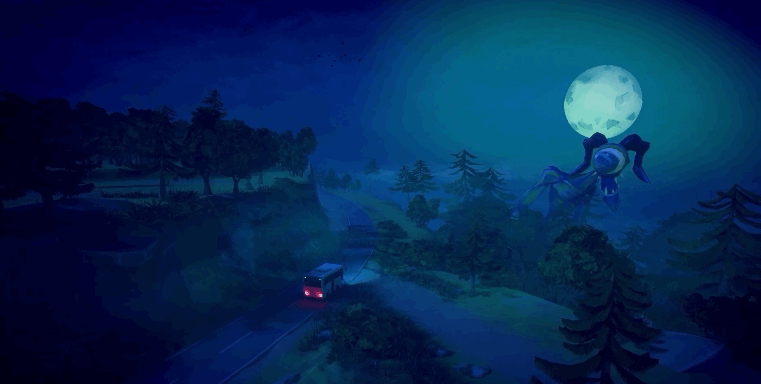 Illustration du jeu On the Road : conducteur de car sur une route de nuit