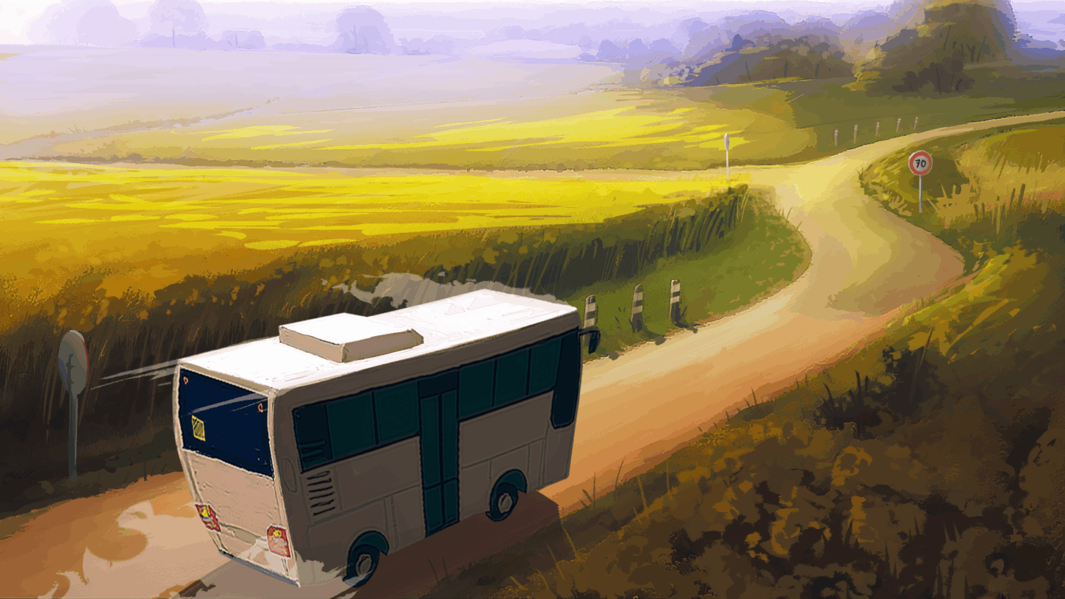 Illustration on the road : bus sur une route dans un champ