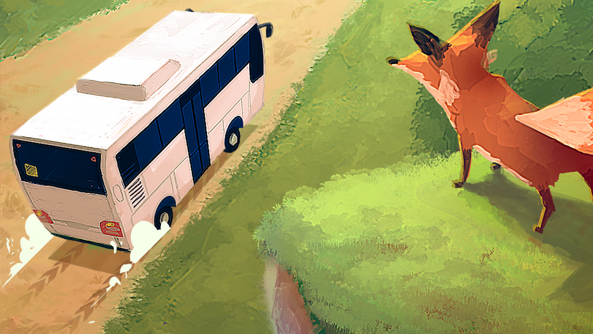 Illustration du jeu On the Road : un renard regarde un bus